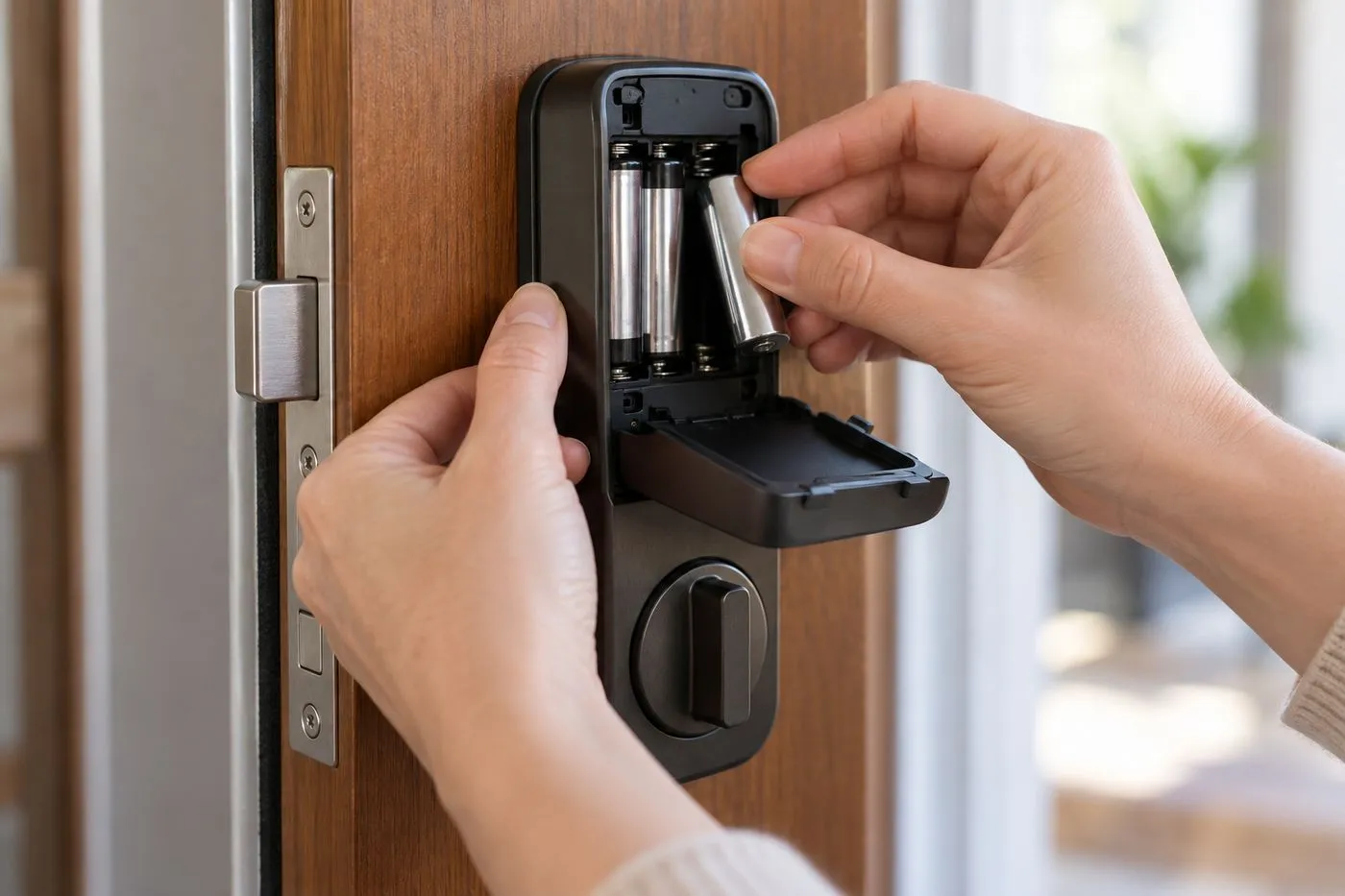 Remplacement des piles d'une serrure connectée côté intérieur de la porte