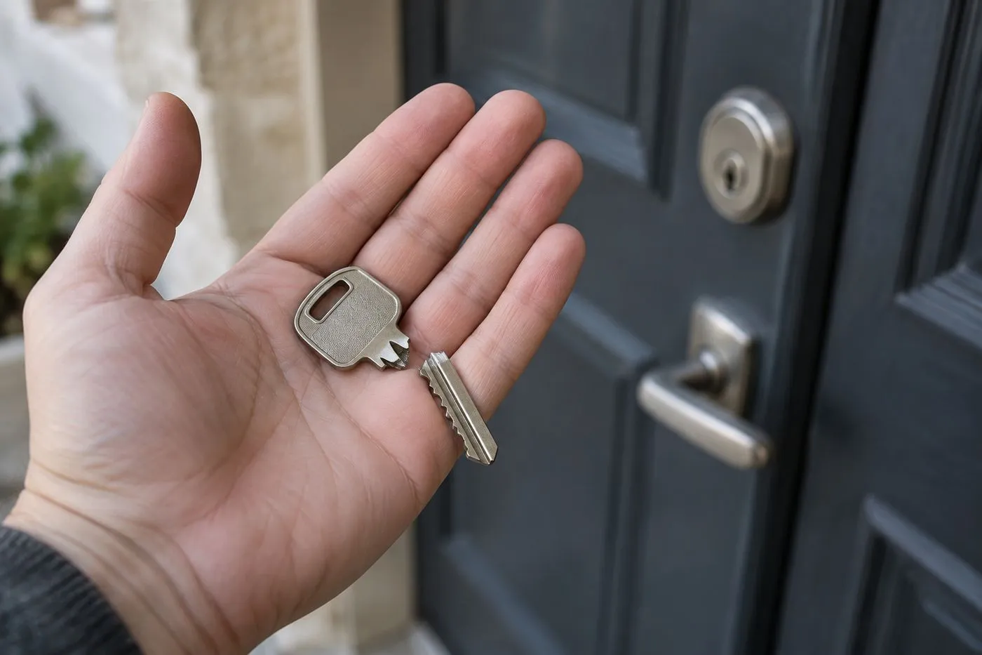 Clé de porte cassée en deux posée dans une main ouverte devant une porte d'entrée