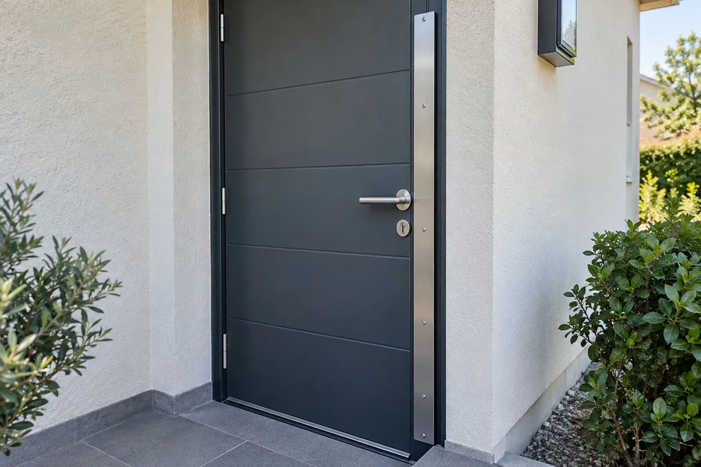 Cornière anti-pince en acier fixée le long d'une porte d'entrée côté serrure