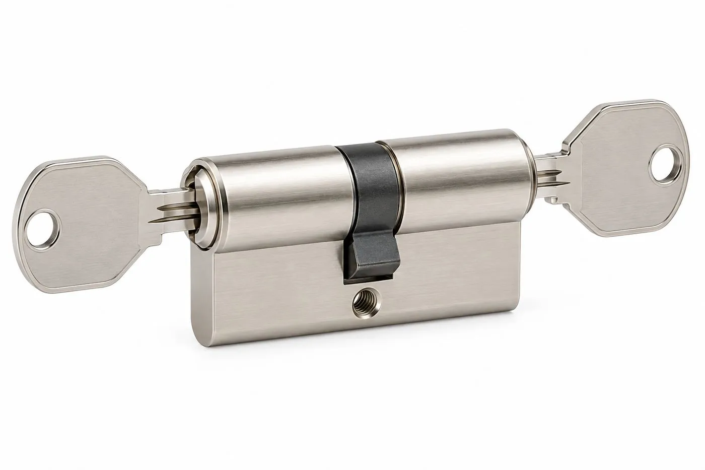 Cylindre européen double entrée avec ses clés, compatible avec une serrure connectée