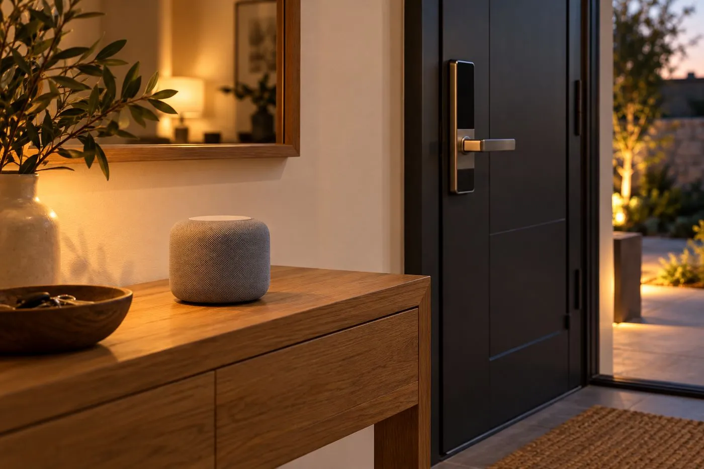 Enceinte connectée posée sur un meuble d'entrée à côté d'une porte équipée d'une serrure connectée
