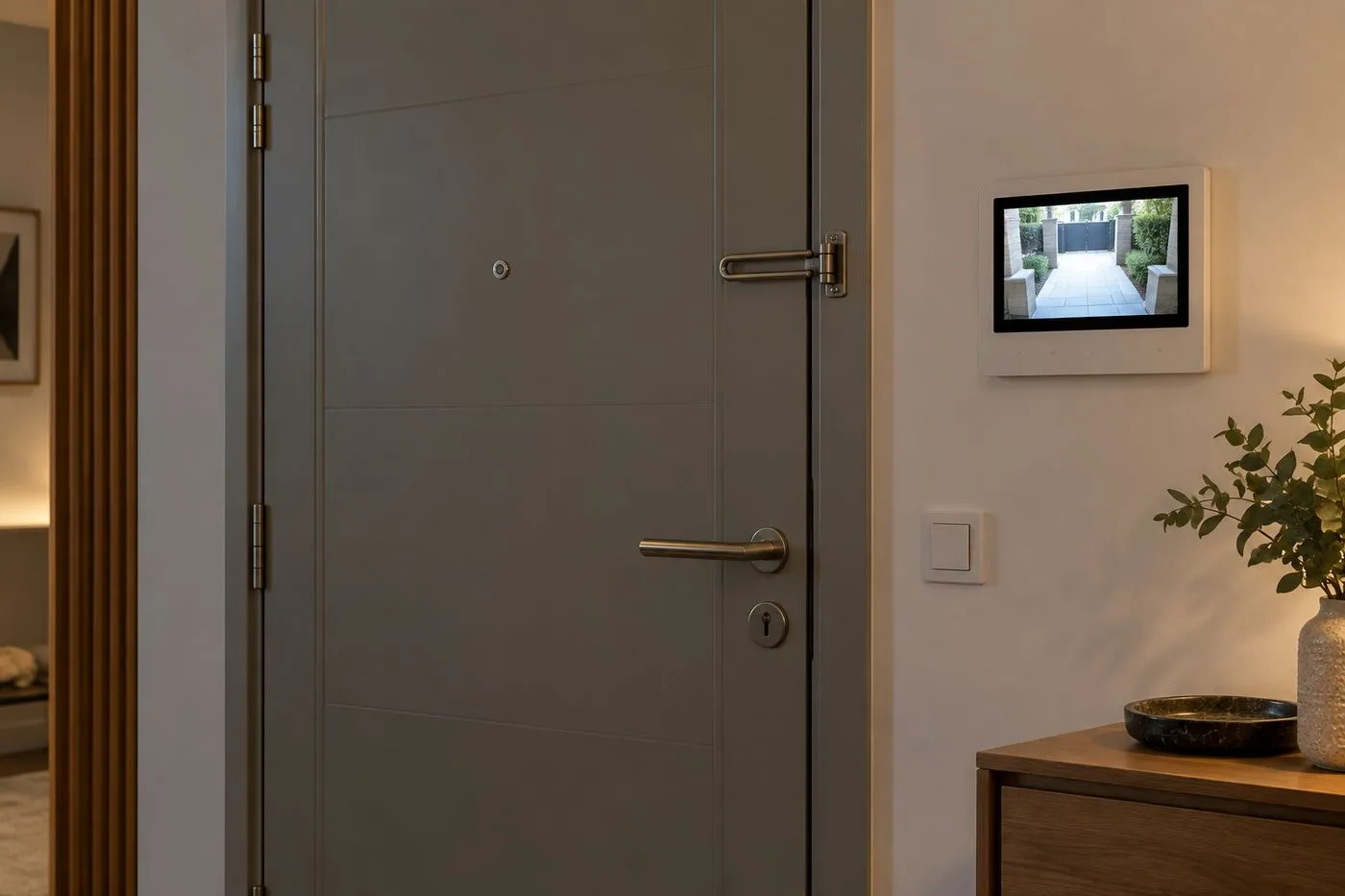 Entrebâilleur à barre installé sur une porte d'entrée à côté d'un écran de visiophone