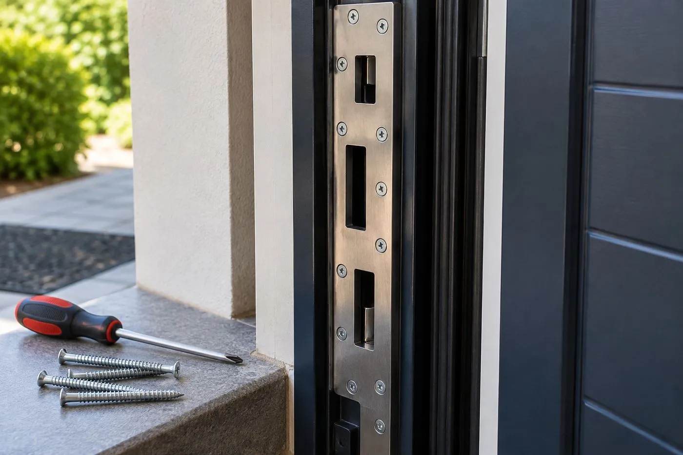 Gâche renforcée en acier fixée par de longues vis dans le cadre d'une porte d'entrée