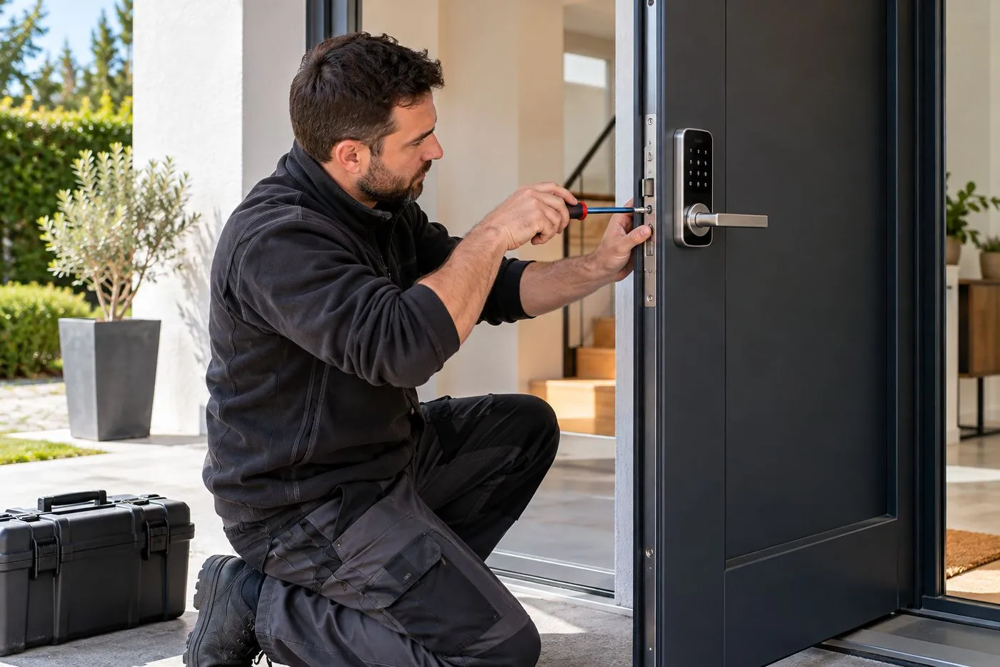 Artisan serrurier installant une serrure connectée sur une porte d'entrée ouverte