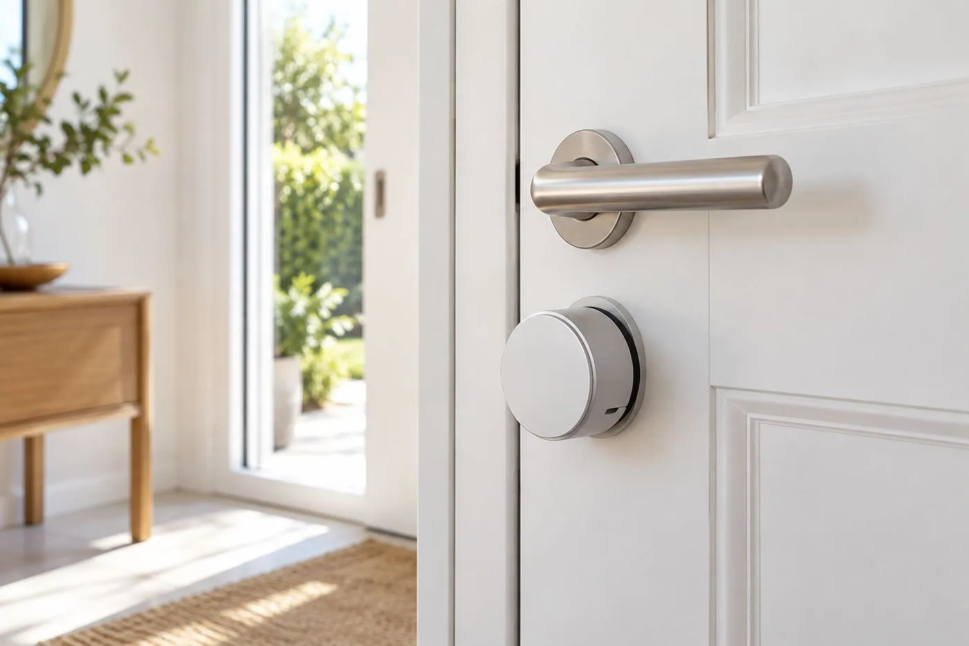 Boîtier motorisé de serrure connectée fixé côté intérieur d'une porte d'entrée