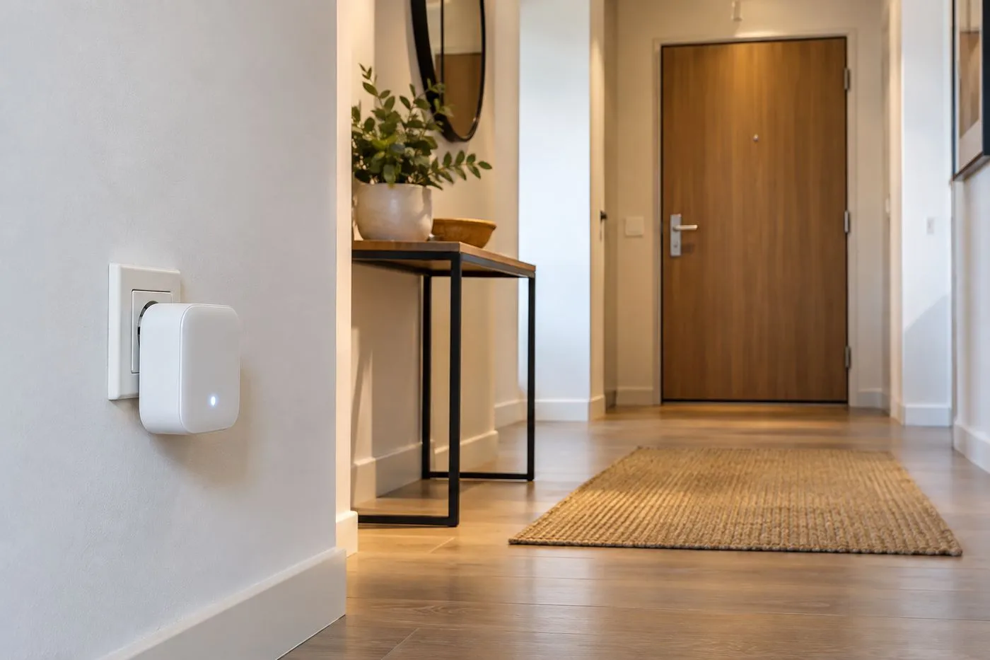 Petite passerelle Wi-Fi branchée sur une prise murale dans l'entrée d'un logement