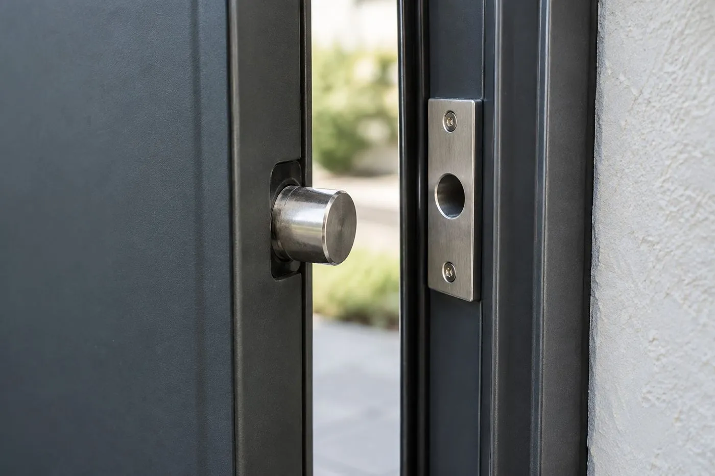Pion anti-dégondage en acier sur le chant d'une porte ouverte, face à sa gâche dans le cadre