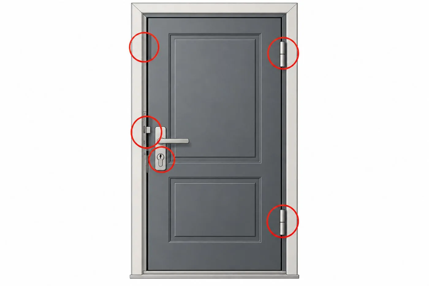 Schéma d'une porte d'entrée signalant ses points faibles : cylindre, serrure, charnières et jeu avec le cadre