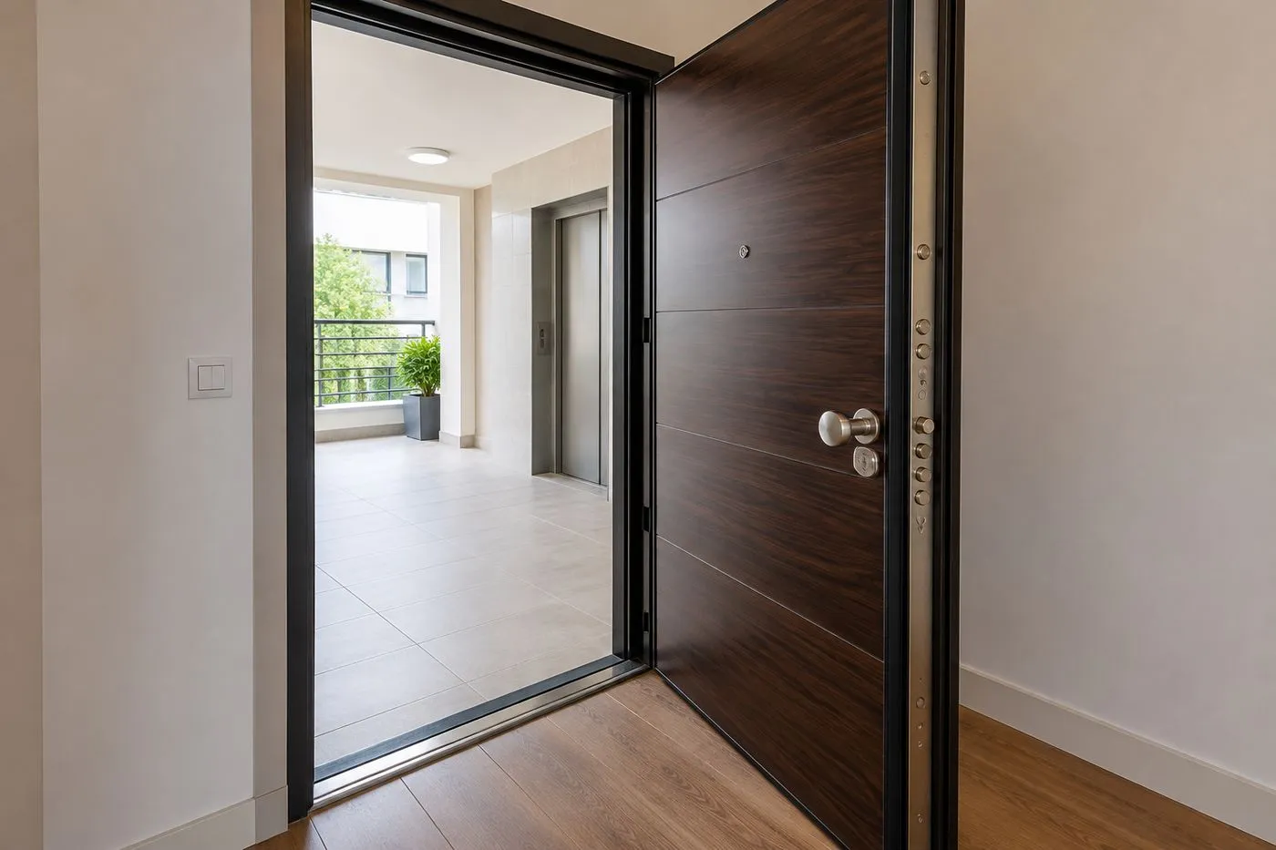 Porte blindée d'appartement neuve, ouverte sur un palier d'immeuble lumineux