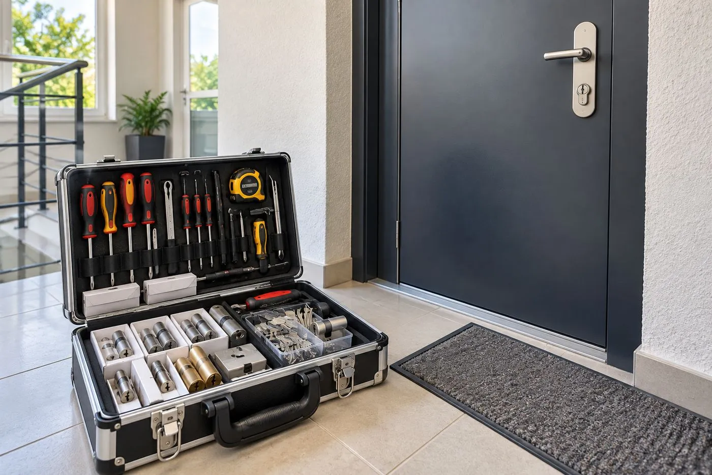 Mallette d'artisan serrurier avec outils, cylindres et clés neufs près d'une porte blindée