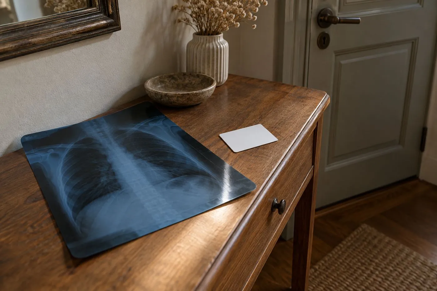 Ancienne radiographie et carte de fidélité souple posées sur un meuble d'entrée près d'une porte