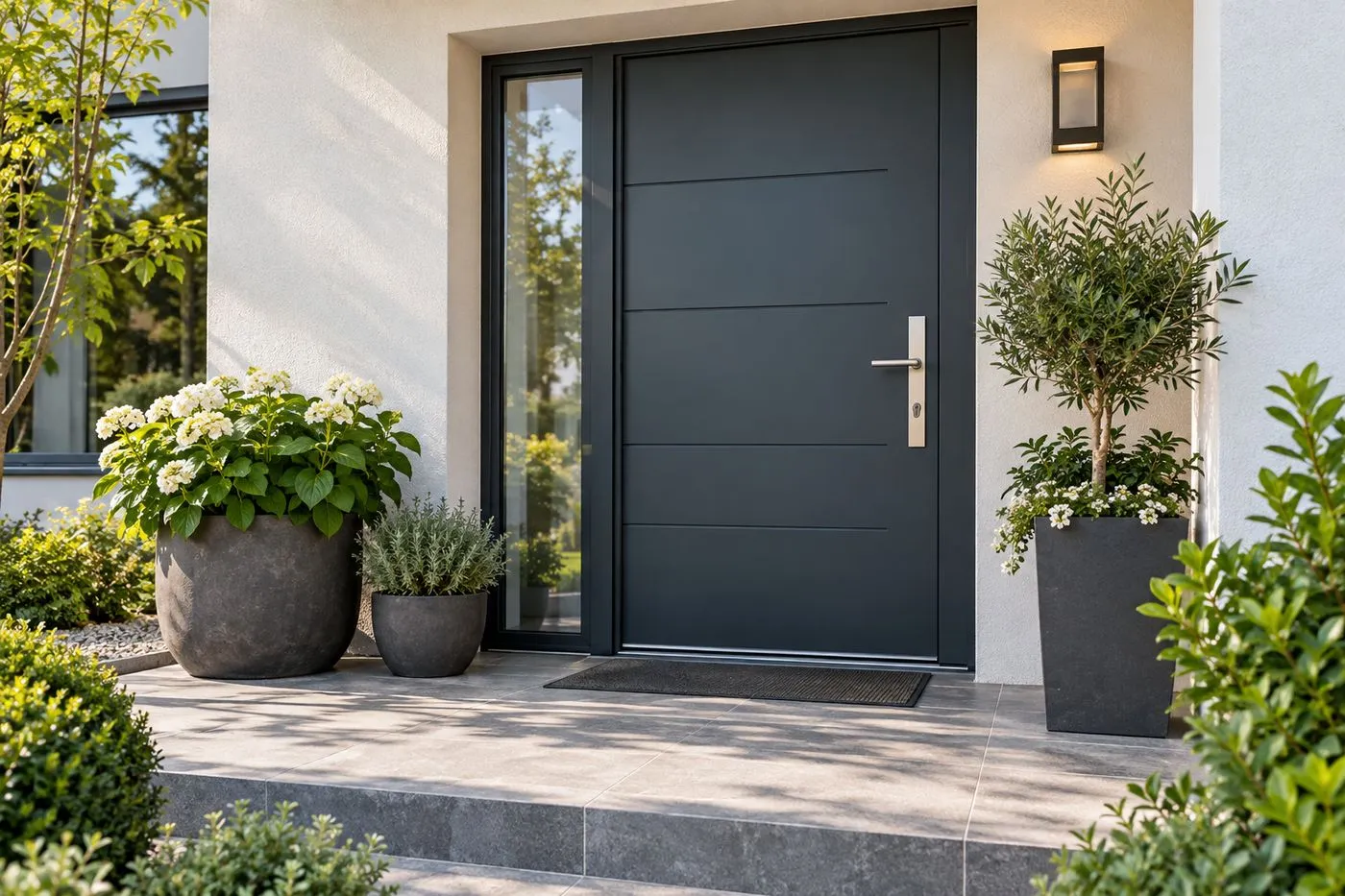 Porte d'entrée renforcée d'une maison individuelle entourée de verdure à Fillière