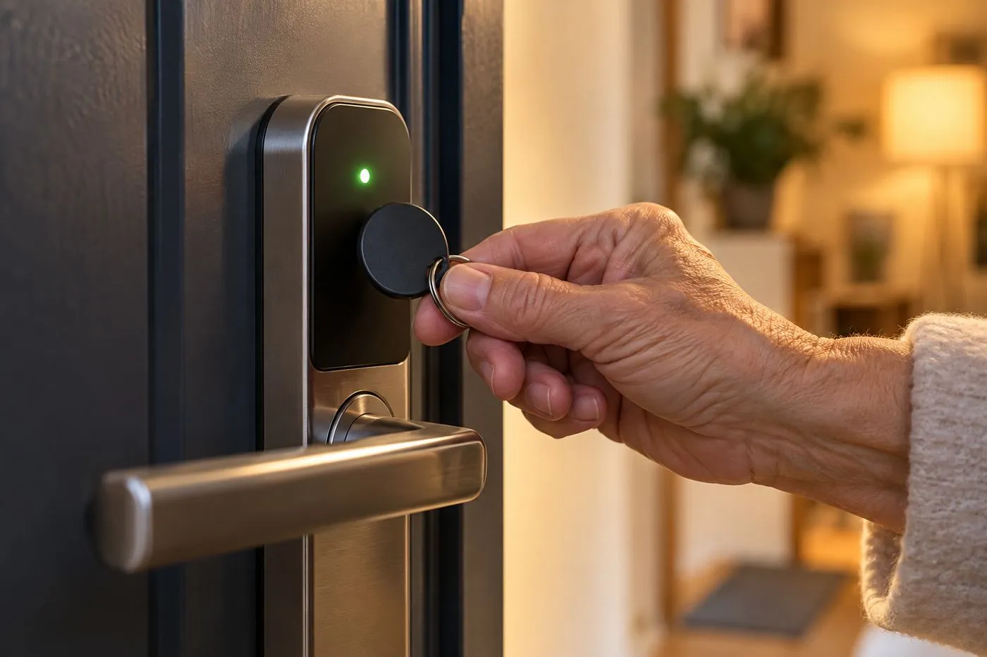 Badge RFID approché du lecteur d'une serrure connectée sur une porte d'appartement