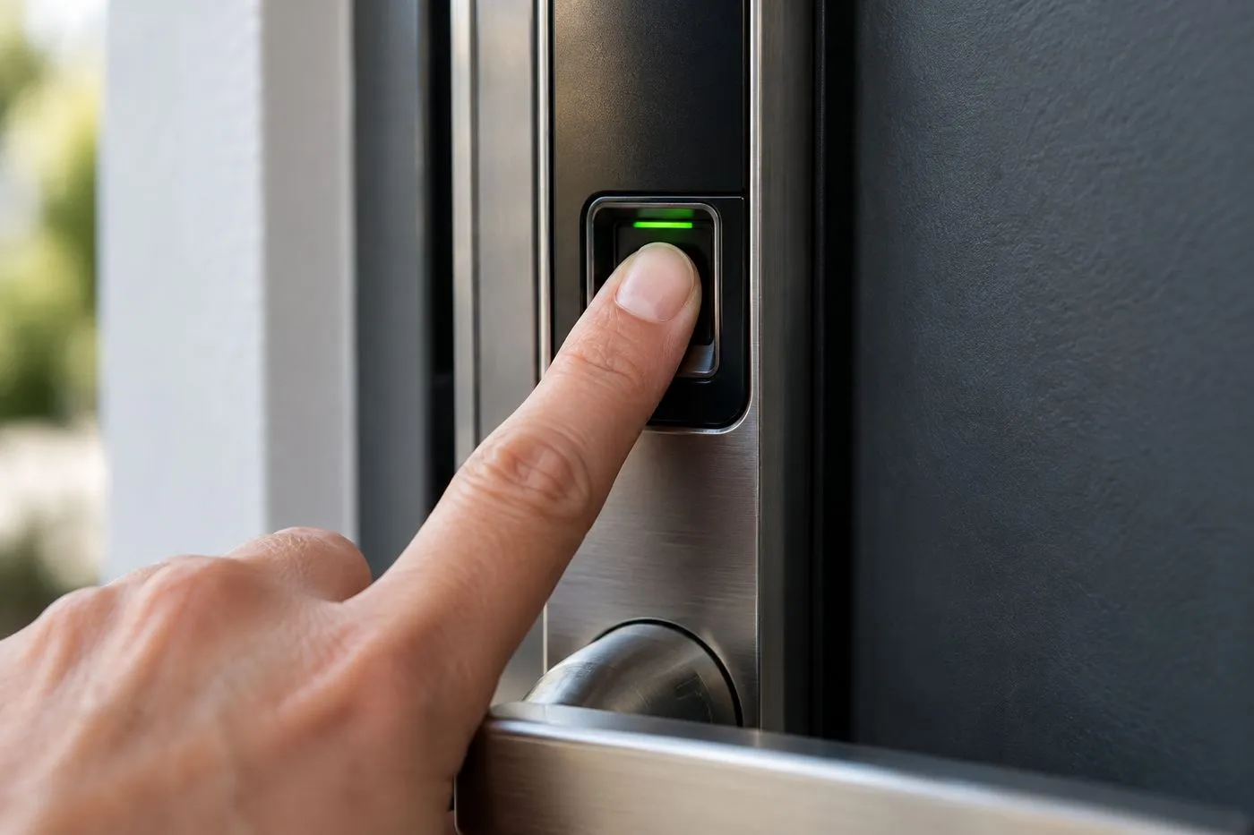 Doigt posé sur le lecteur d'empreinte digitale d'une serrure connectée