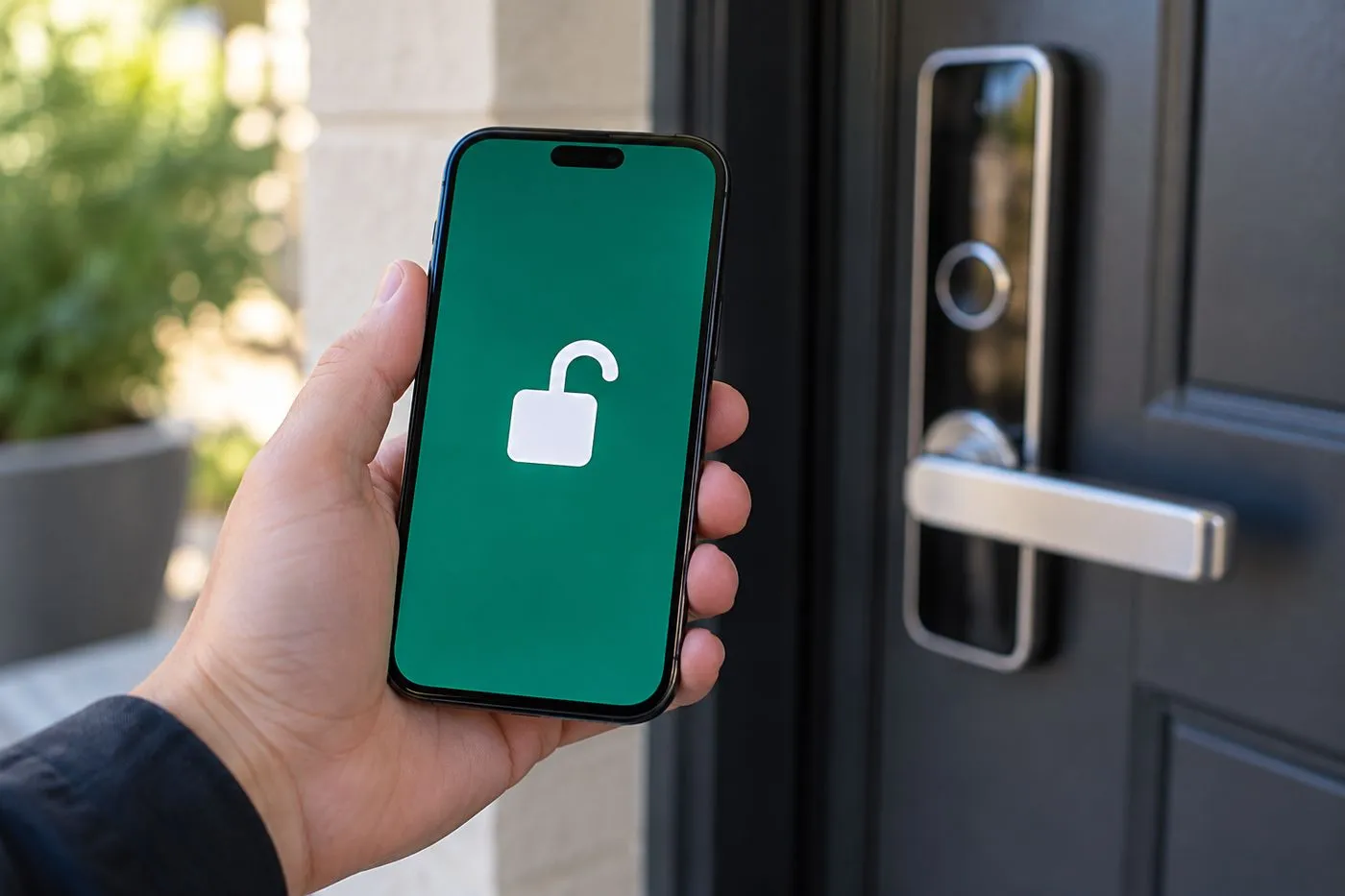 Main tenant un smartphone pour déverrouiller une serrure connectée sur une porte d'entrée