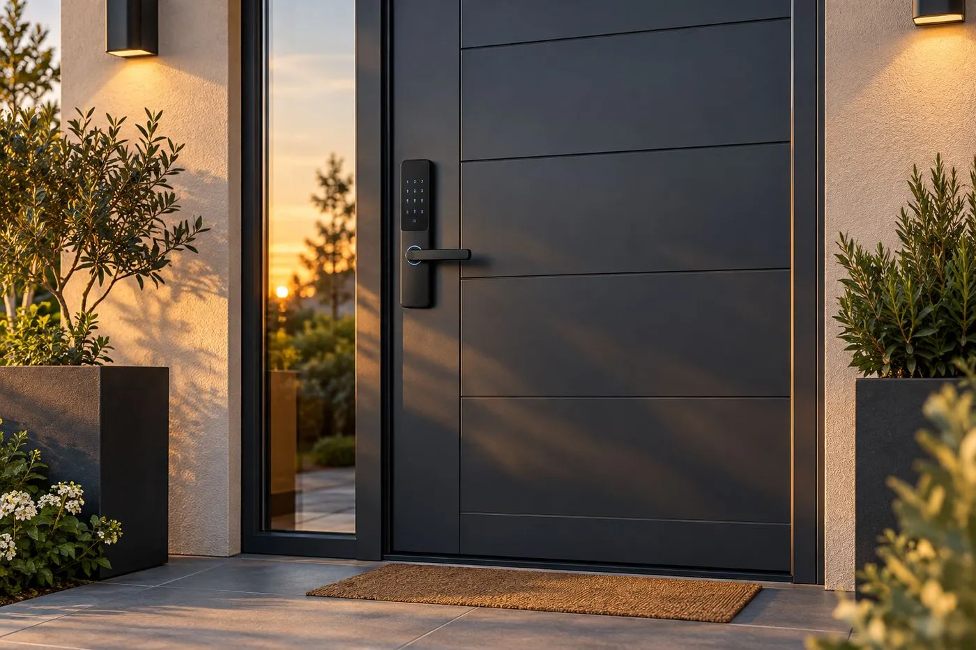 Serrure connectée à clavier numérique installée sur une porte d'entrée moderne
