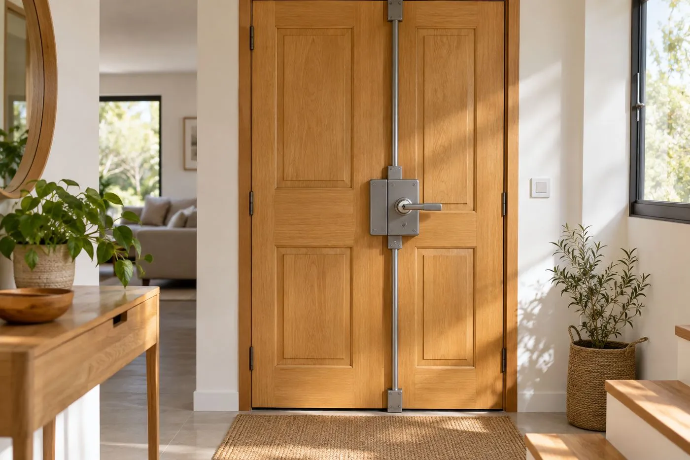 Serrure multipoints en applique fixée sur la face intérieure d'une porte d'entrée en bois