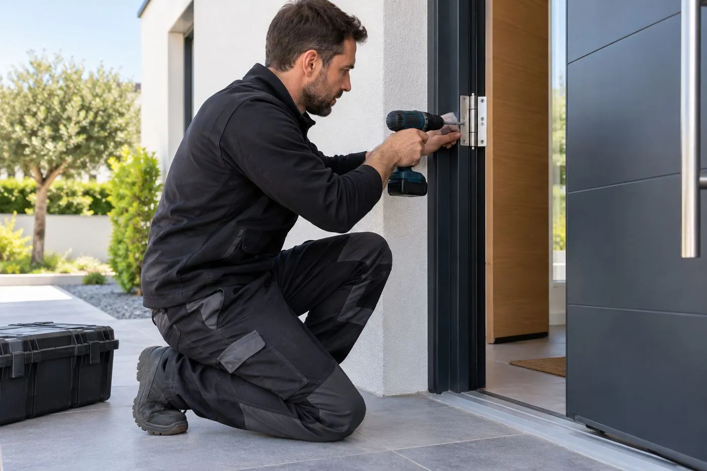 Artisan serrurier vissant une paumelle renforcée sur une porte d'entrée ouverte