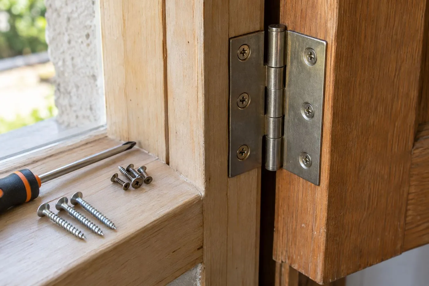 Vis longues à côté d'une paumelle de porte pour renforcer sa fixation dans le bâti