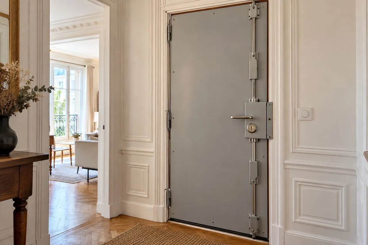 Porte d'entrée en bois blindée côté intérieur avec tôle d'acier et serrure multipoints