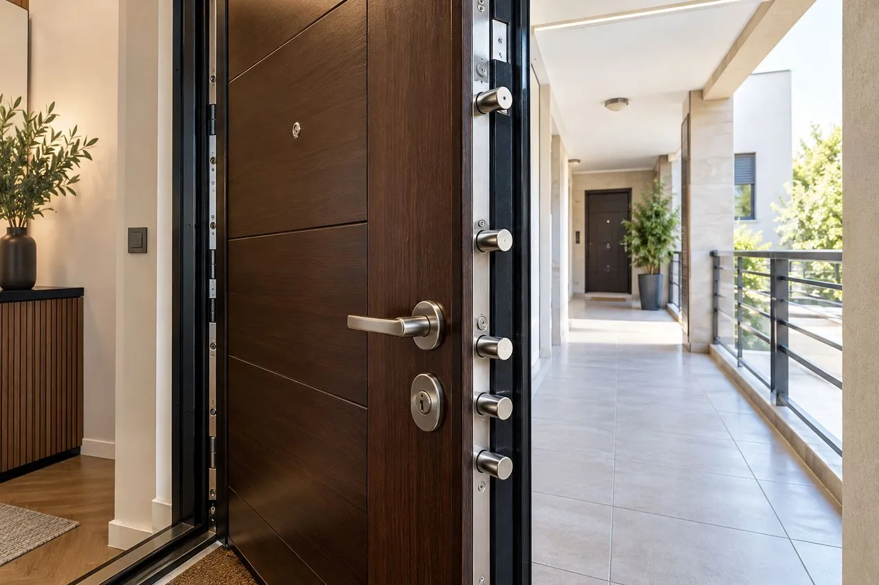 Bloc-porte blindé neuf installé sur le palier d'un appartement à Annecy