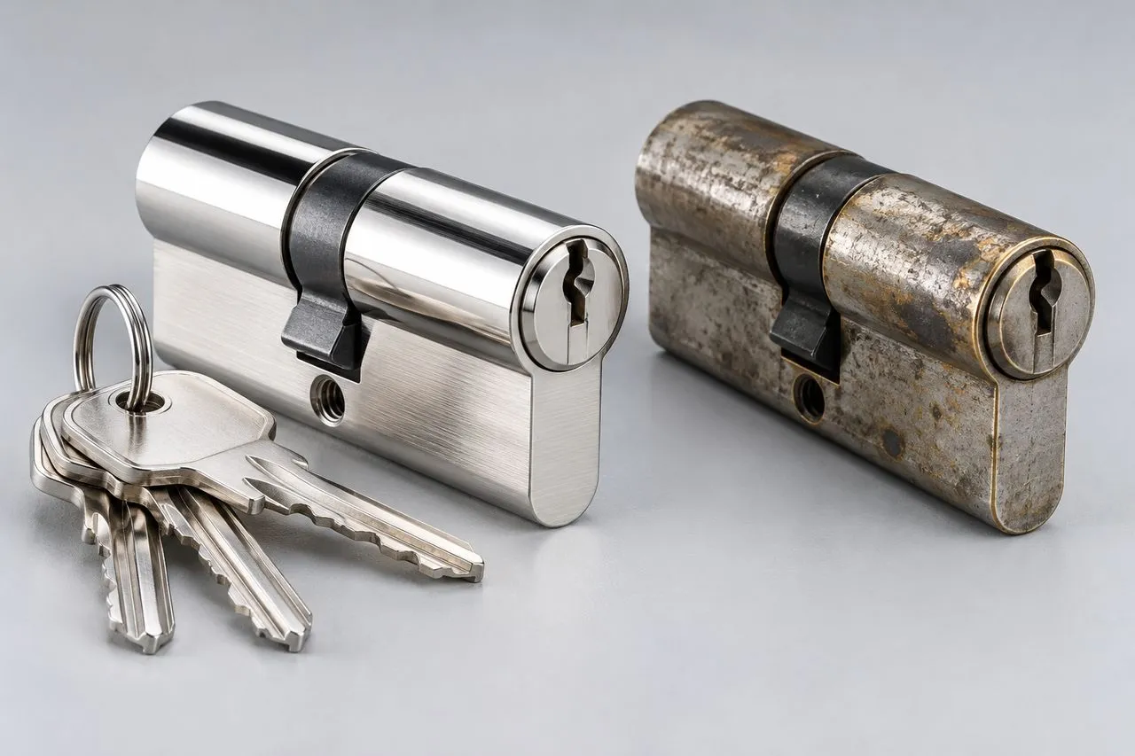 Cylindre de serrure neuf avec ses clés à côté de l'ancien cylindre retiré de la porte