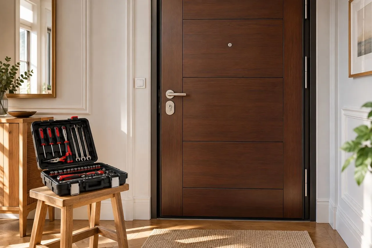 Porte d'entrée blindée et mallette d'outils prête pour un dépannage de serrure à Annecy