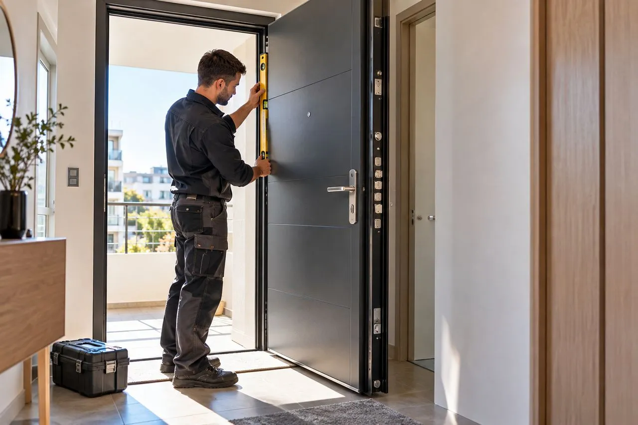 Installateur réglant l'aplomb d'une porte blindée neuve dans un appartement à Annecy