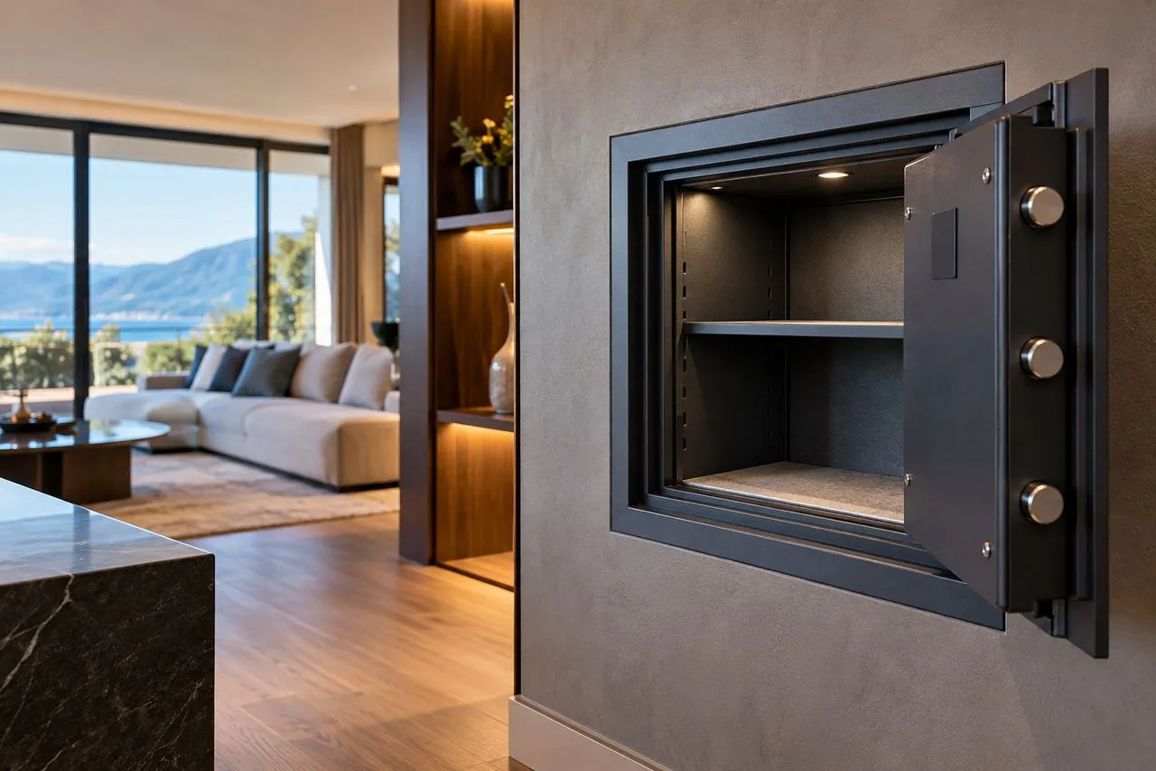 Coffre-fort encastré dans le mur d'une villa moderne près d'Annecy, porte ouverte