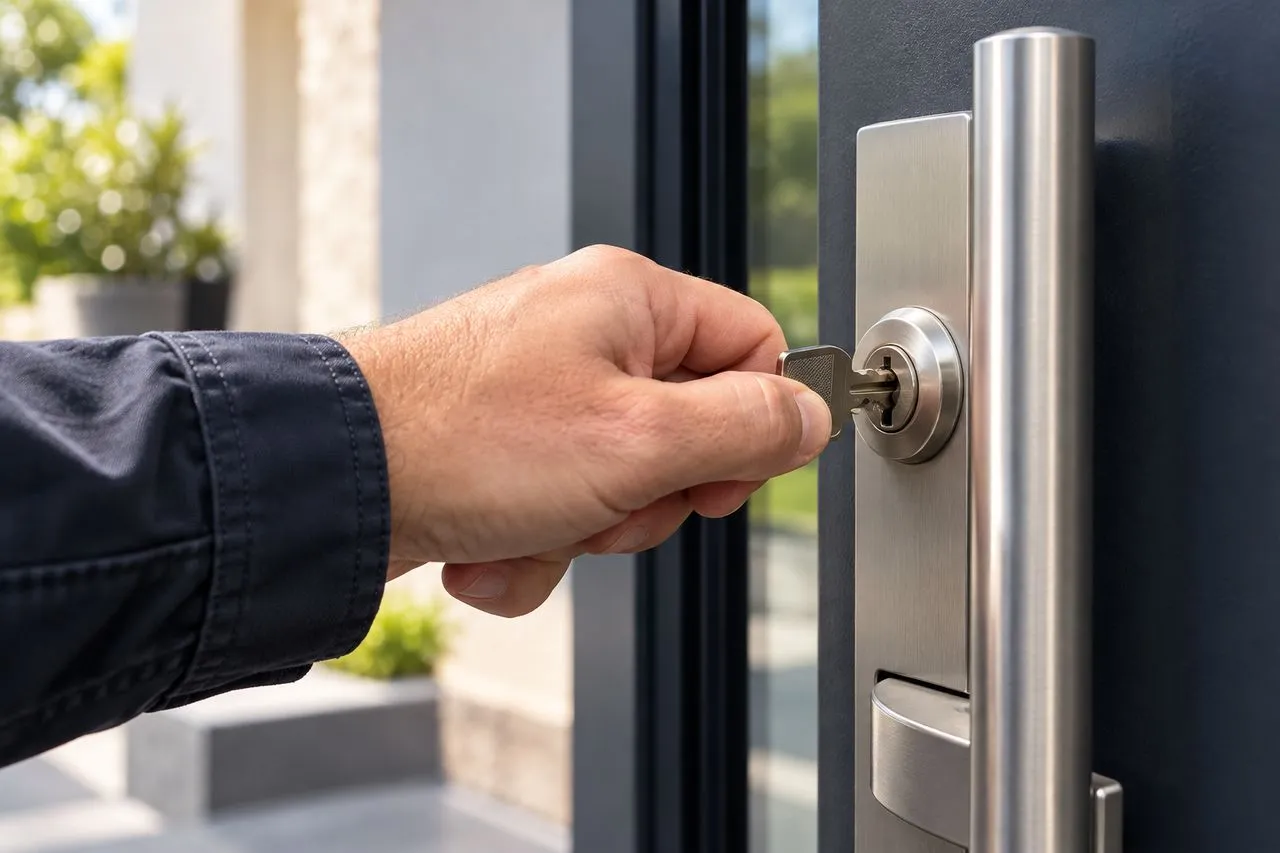 Clé tournée dans la serrure d'une porte d'entrée blindée sur une maison de Fillière