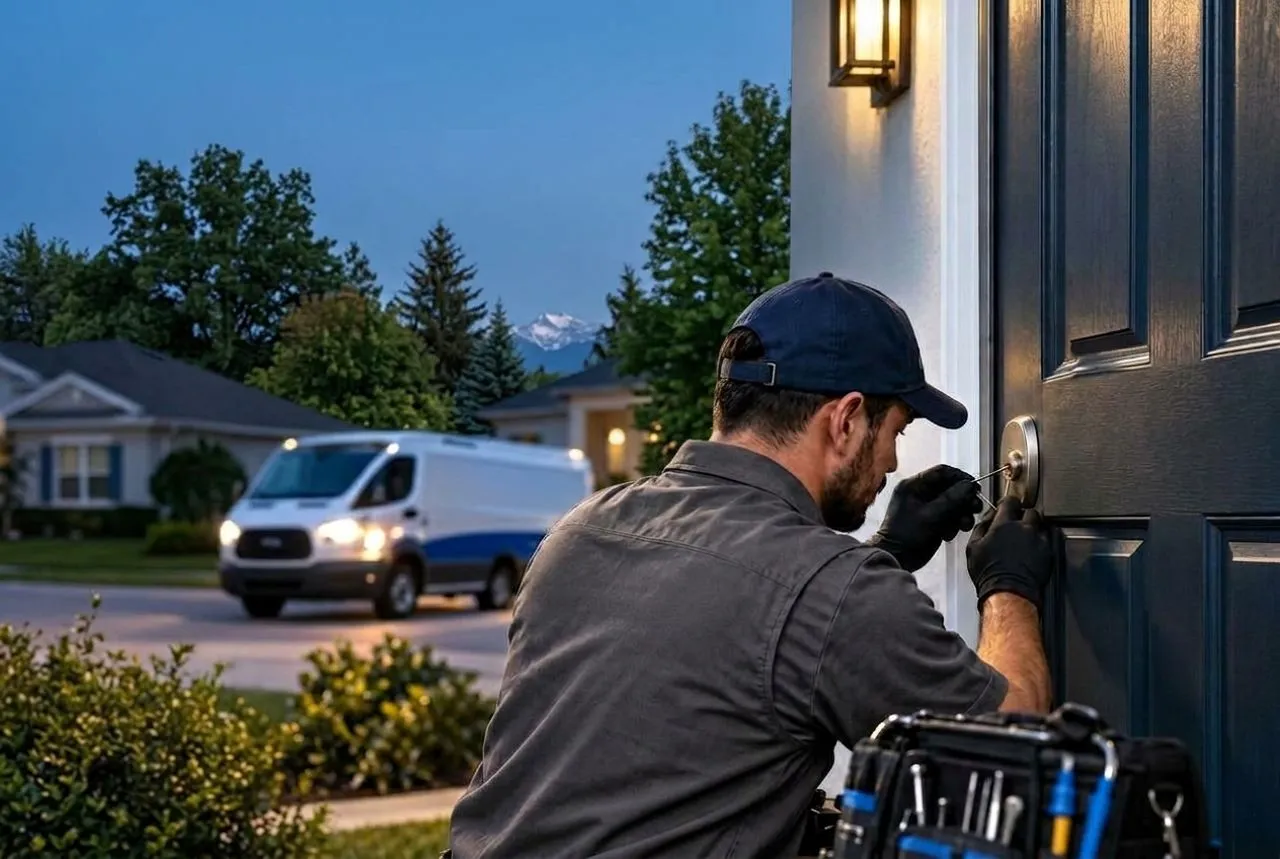 Serrurier en intervention de nuit sur la serrure d'une porte d'entrée de maison