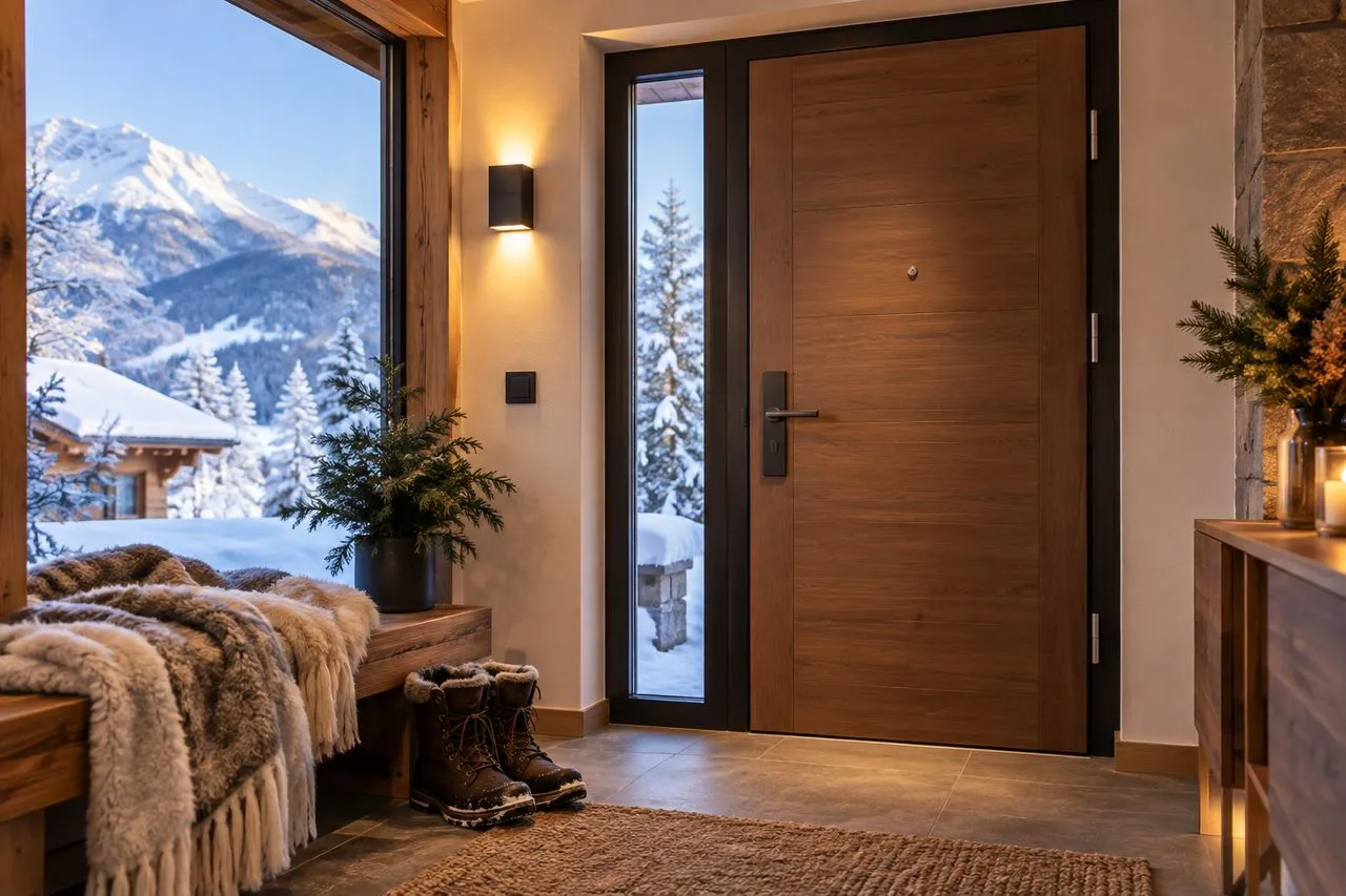 Entrée chaleureuse d'une maison avec porte blindée fermée pendant l'hiver en Haute-Savoie