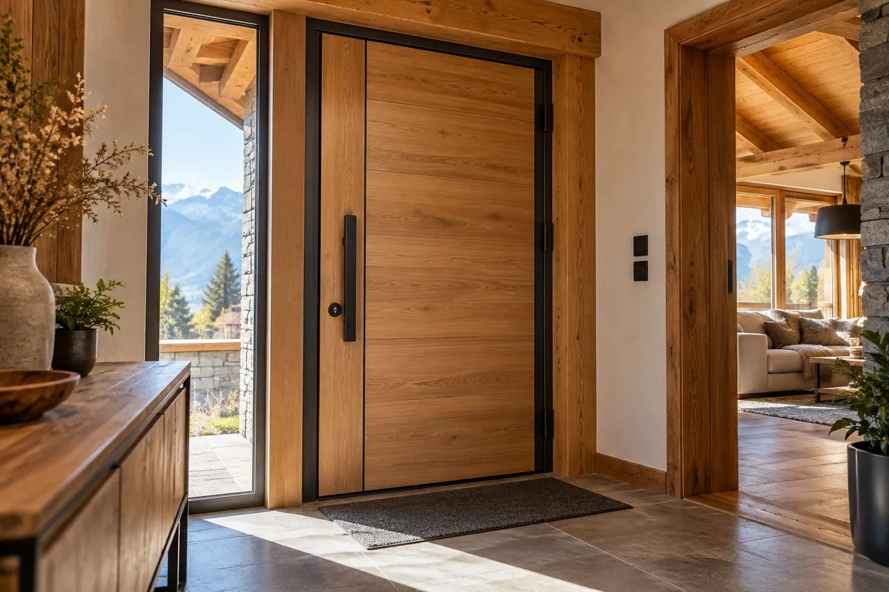 Porte blindée sur mesure habillée d'un panneau décoratif en bois dans une maison près d'Annecy