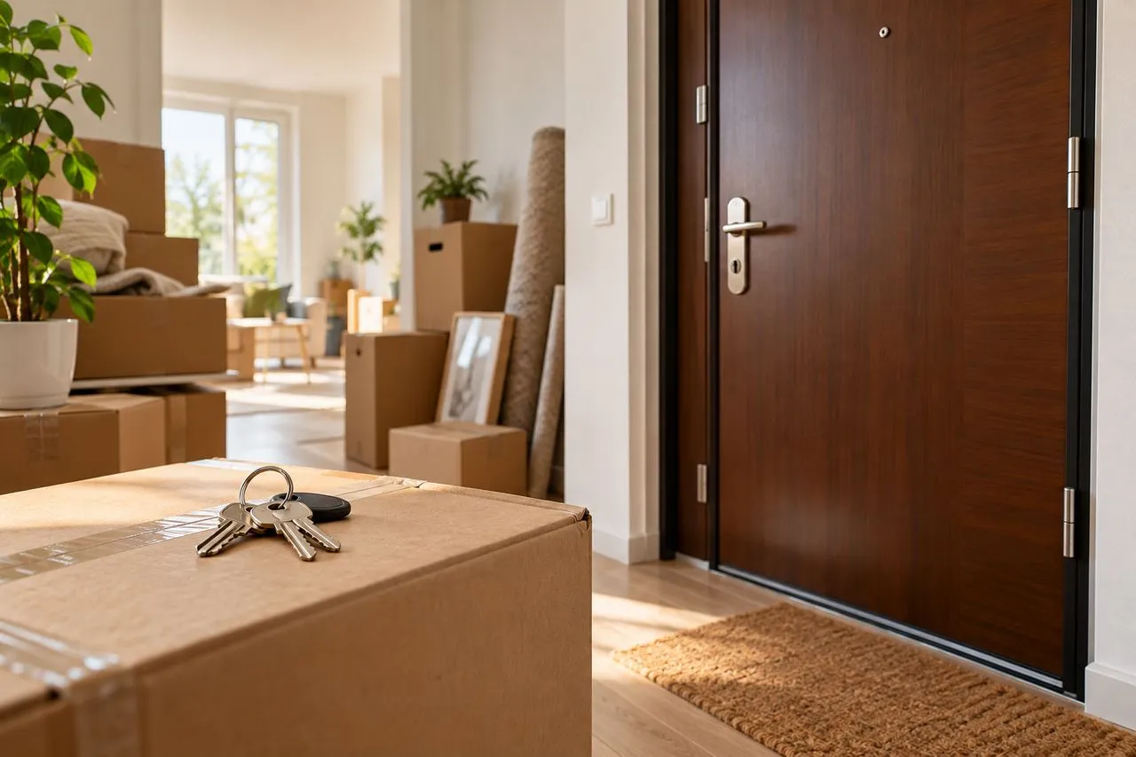 Cartons de déménagement et trousseau de clés dans l'entrée d'un nouveau logement à Annecy