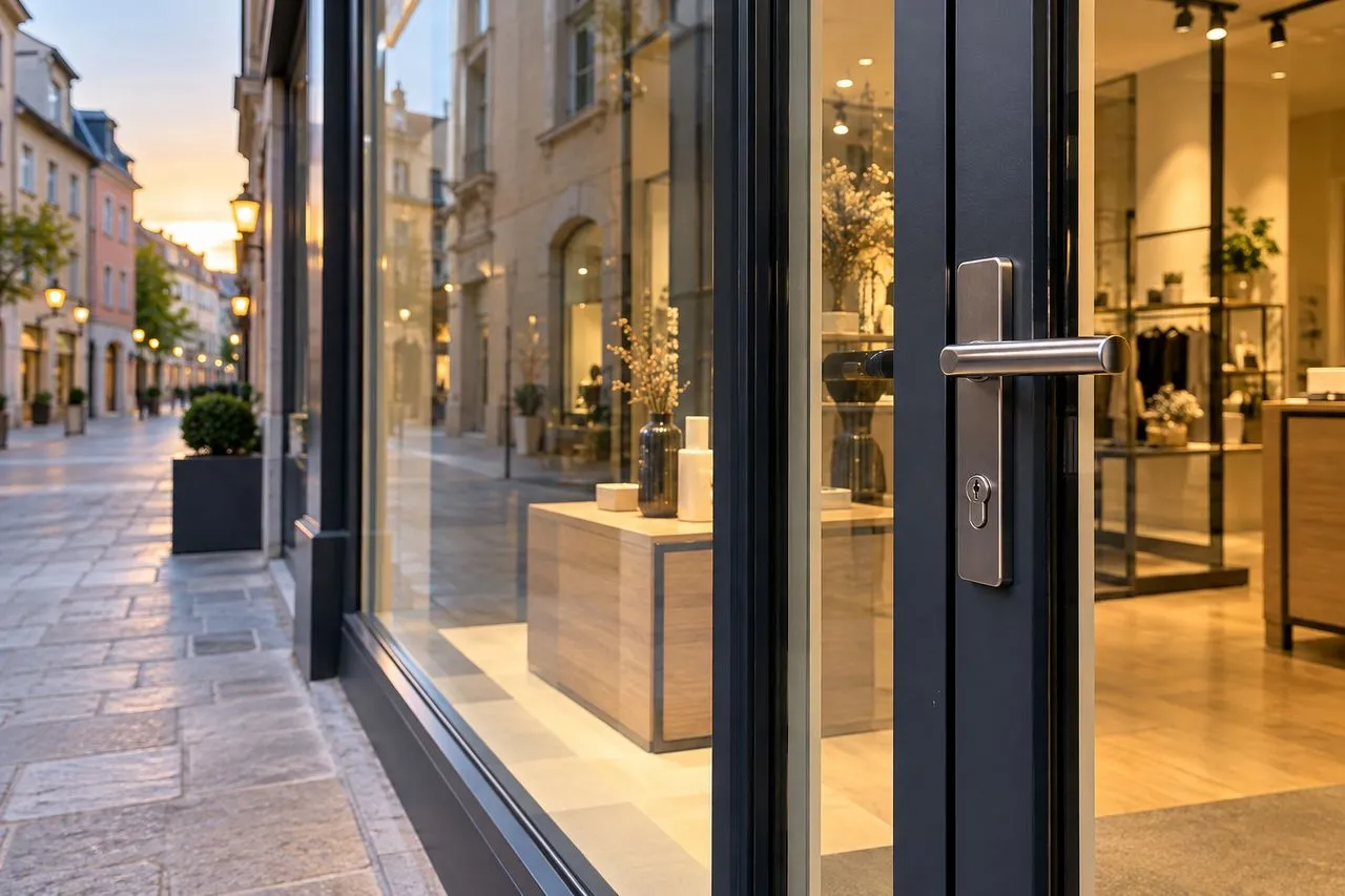 Porte vitrée d'un commerce équipée d'une serrure de sécurité à Annecy