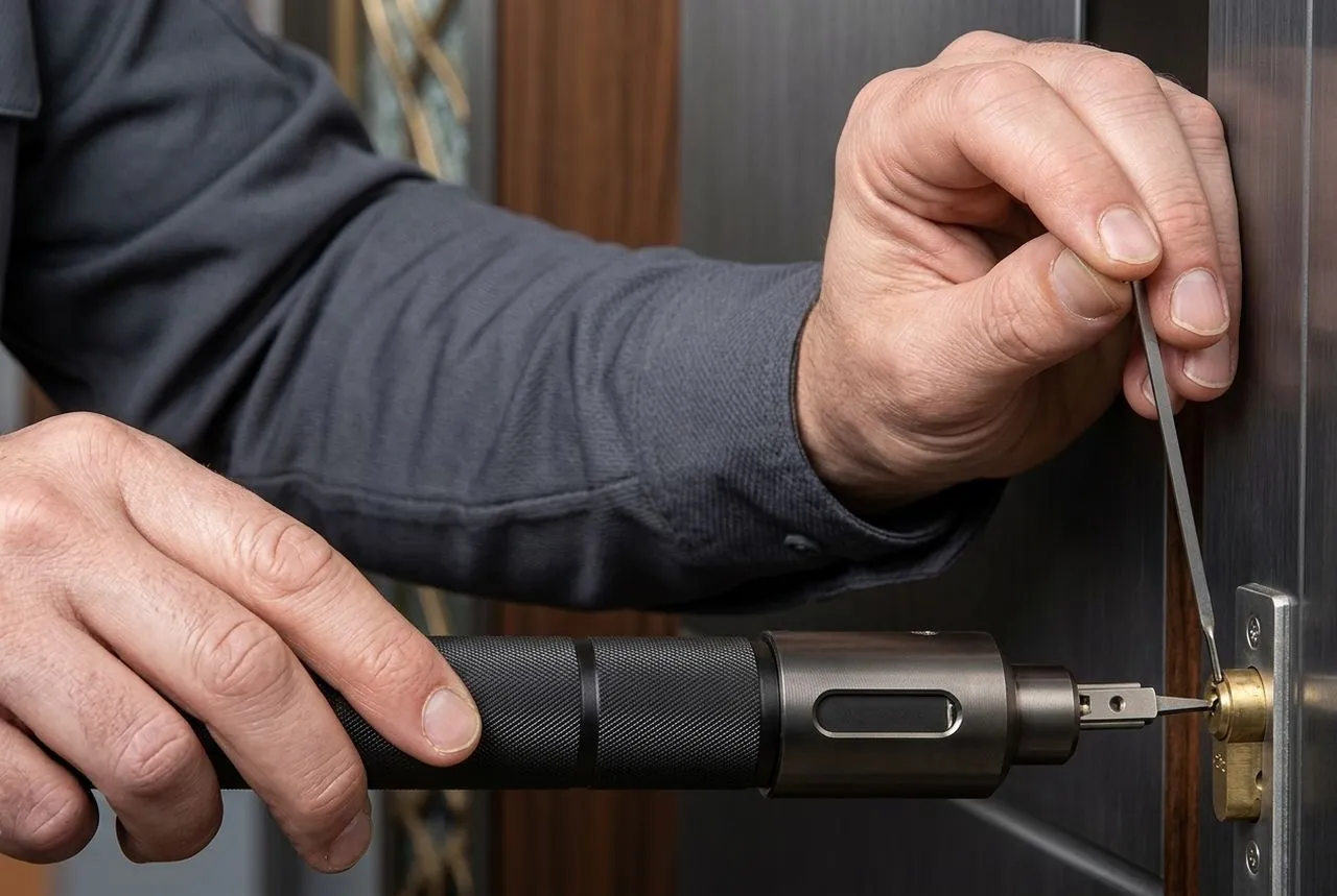 Serrurier utilisant un outil professionnel sur le cylindre d'une porte lors d'un dépannage d'urgence à Fillière