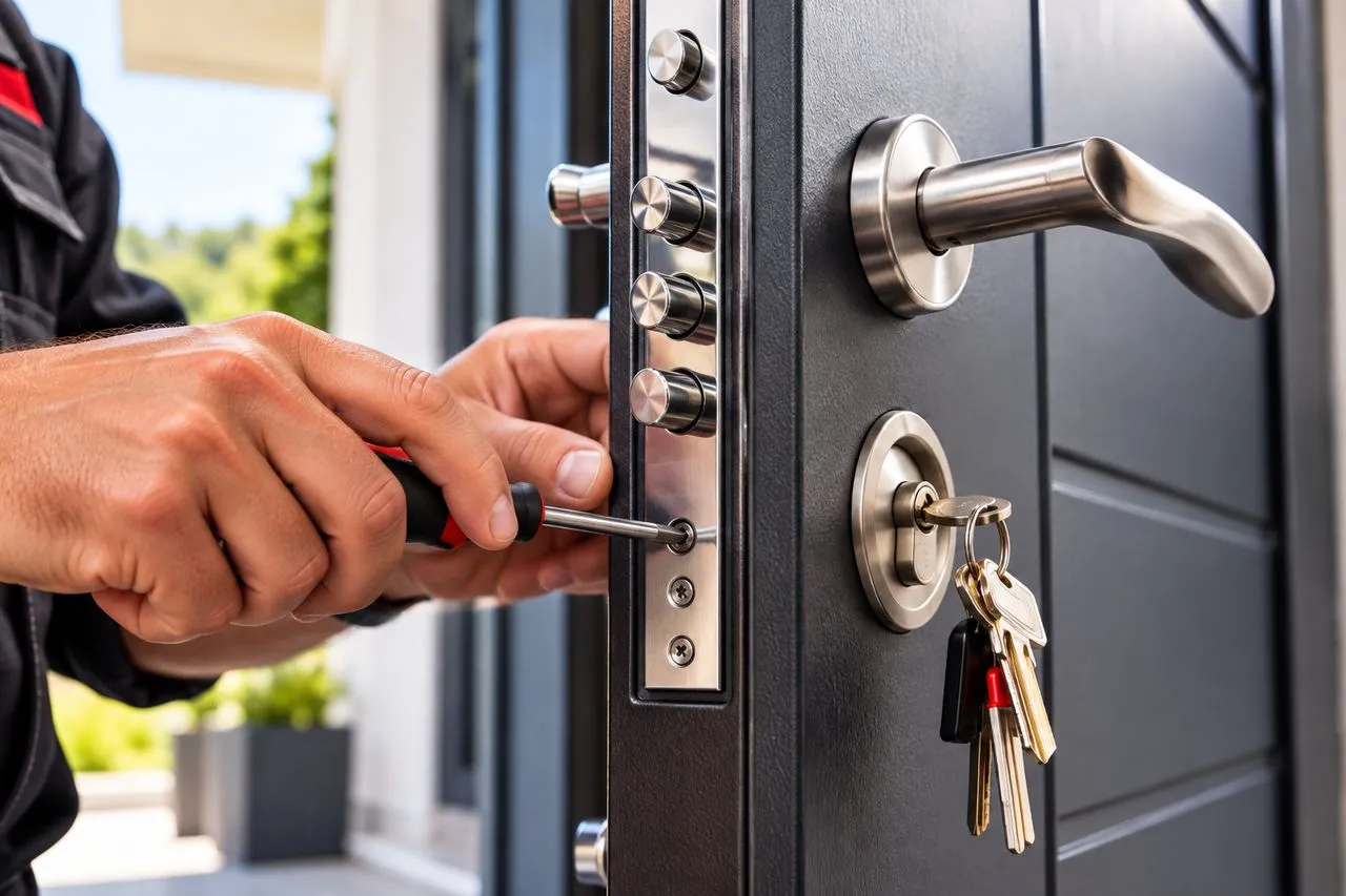 Serrurier réglant une serrure multipoints sur une porte d'entrée à Fillière