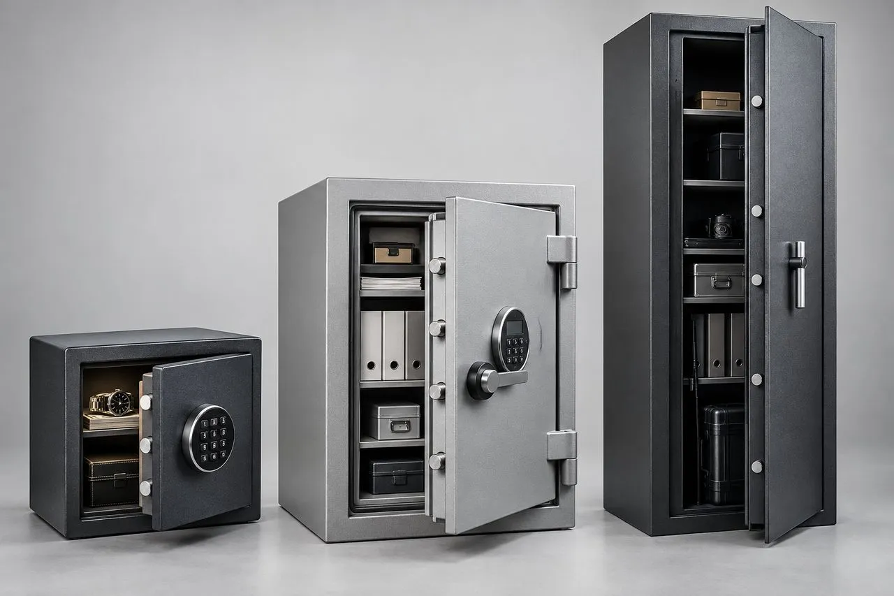 Coffre-fort à poser, coffre ignifuge et armoire forte présentés côte à côte